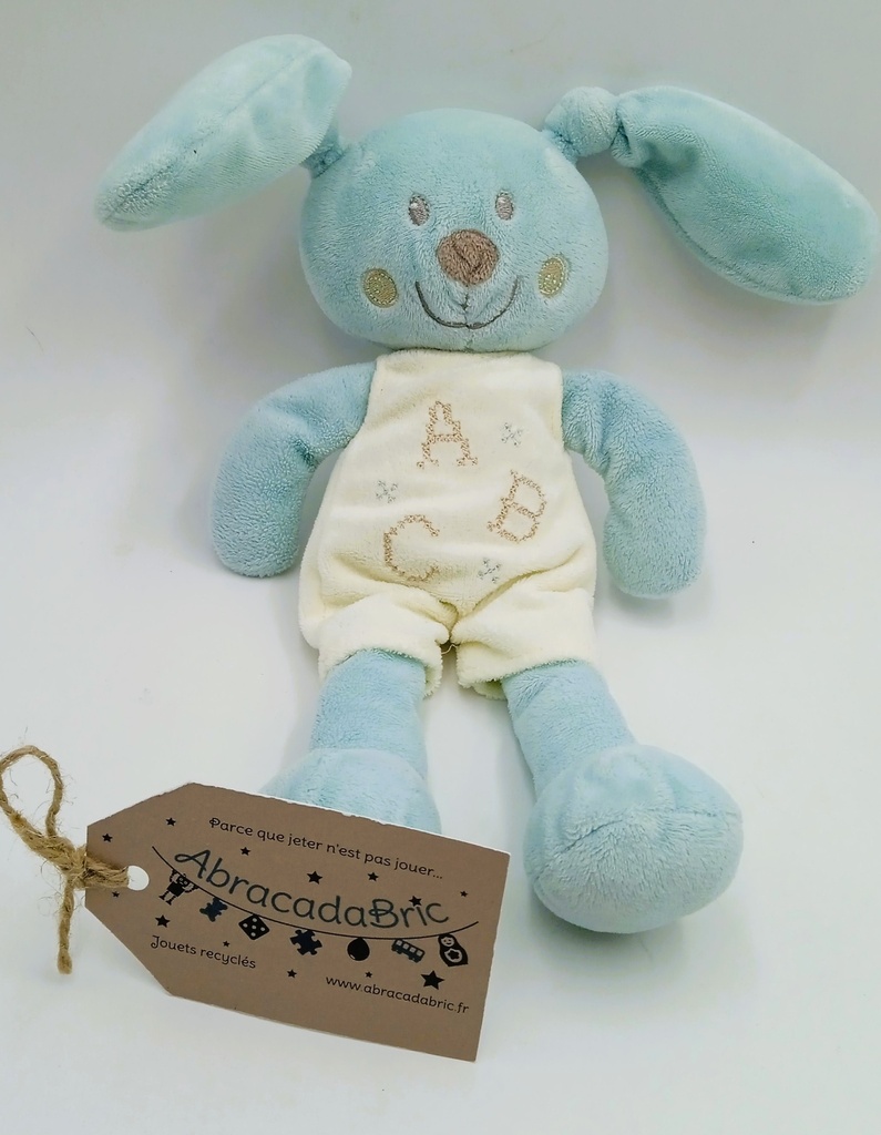 Doudou lapin bleu salopette 26cm - POMMETTE