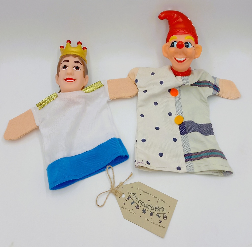 Lot de 2 marionnettes Bouffon et Roi 23cm et 29cm vintage 