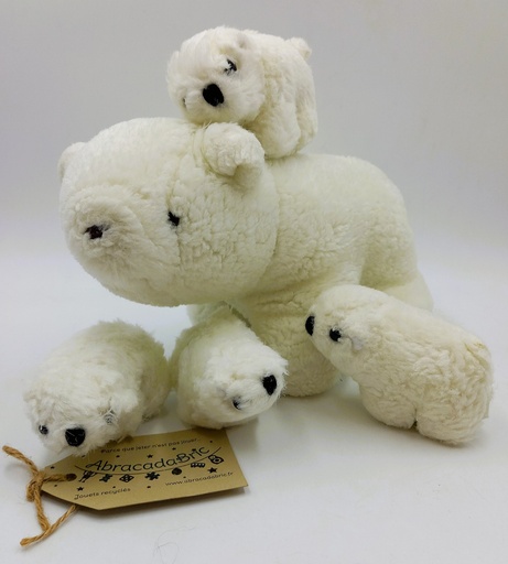 Maman Ours blanc 25cm et ses bébés