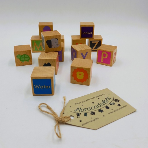 Cubes en bois alphabet, image et mots en anglais